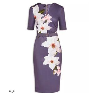TED BAKER Chatsworth Grey White Floral Pencil Dress Size 0